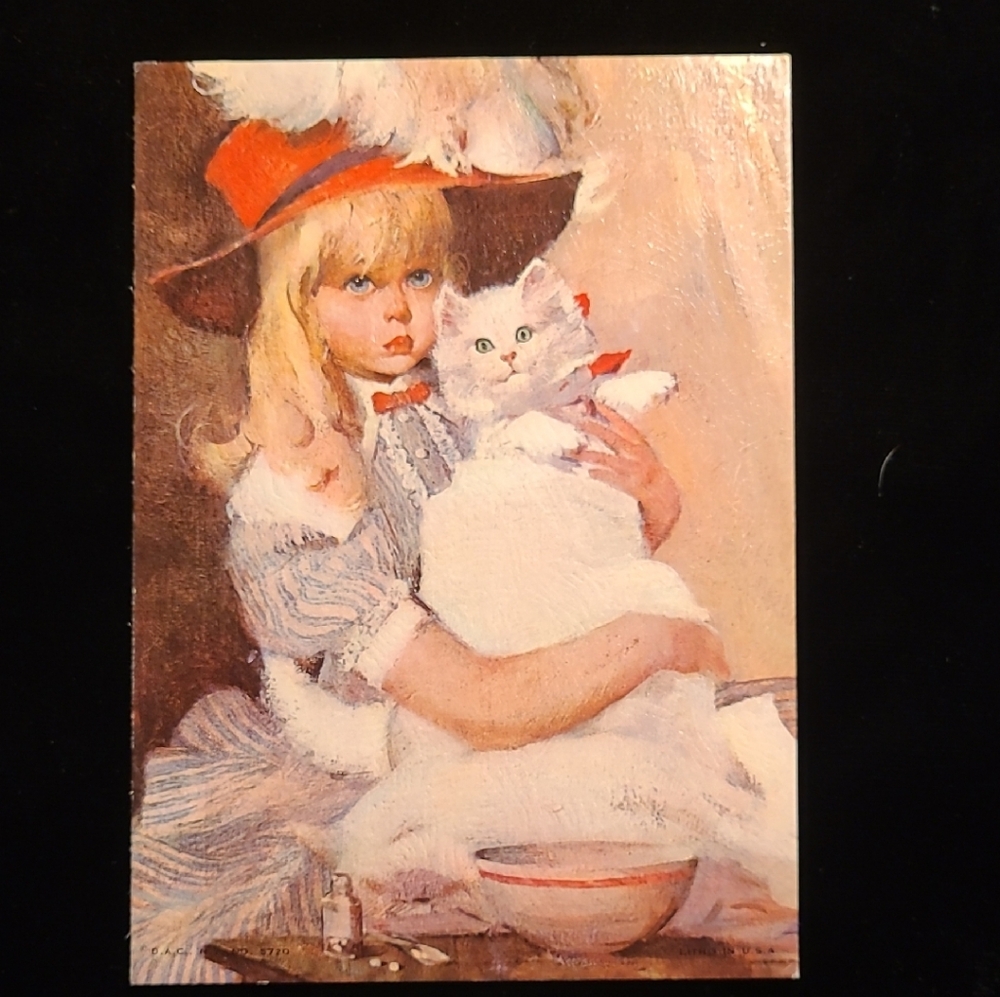 Charming Vintage Girl With Kitten Lithograph